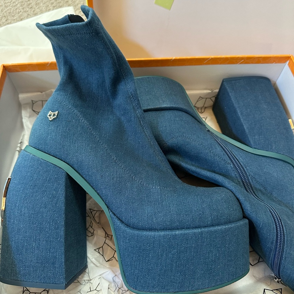 Naked Wolfe Denim Platform Sock Booties - Blue